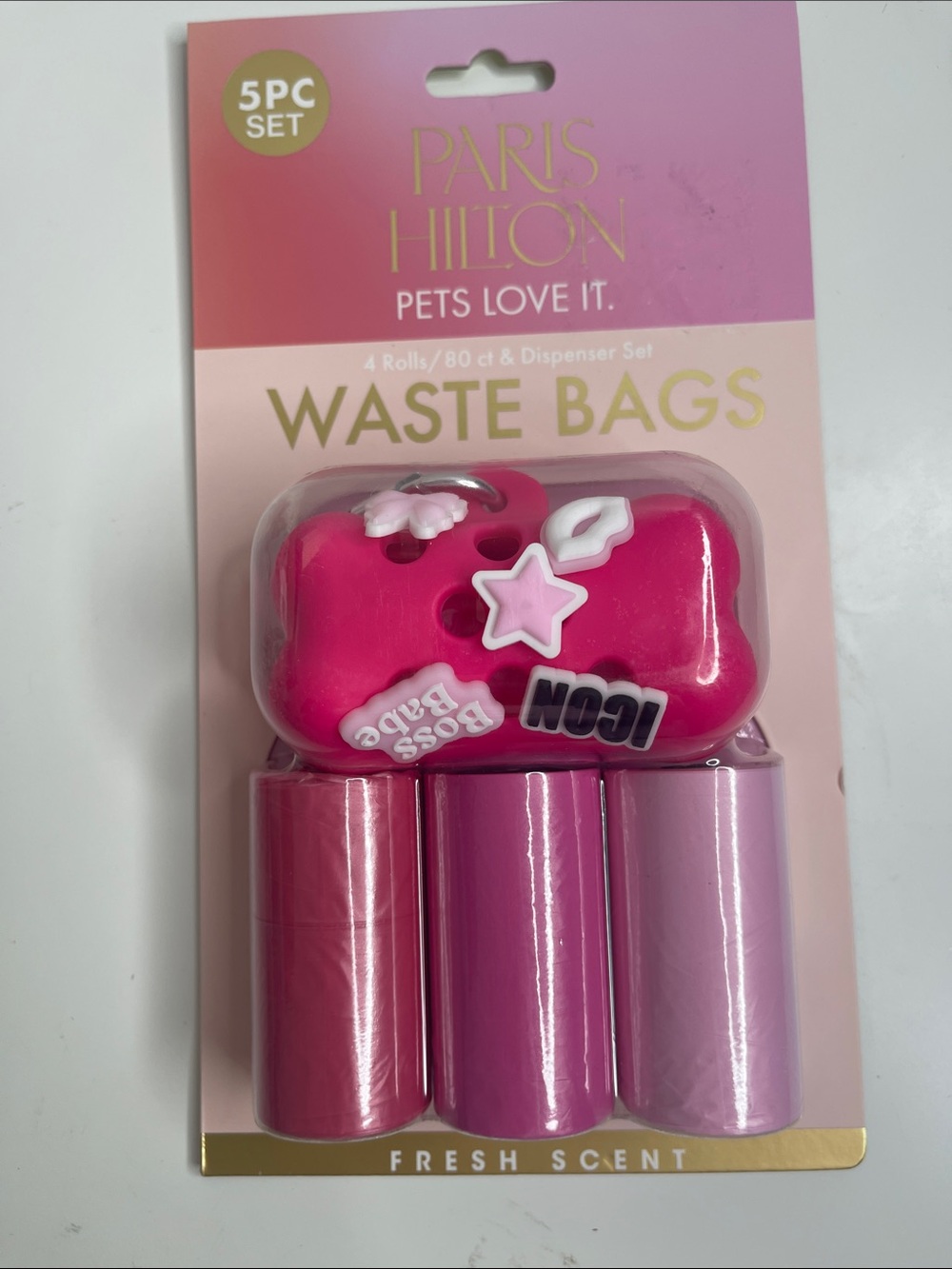 Paris Hilton Hot Pink Pet Waste Bag Dispenser with Pink Refill Rolls